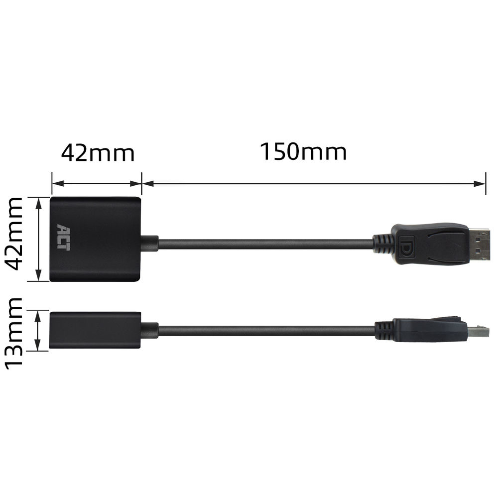 Adaptador ACT con dimensiones: 42x42mm, 150mm largo. Vista superior y lateral.