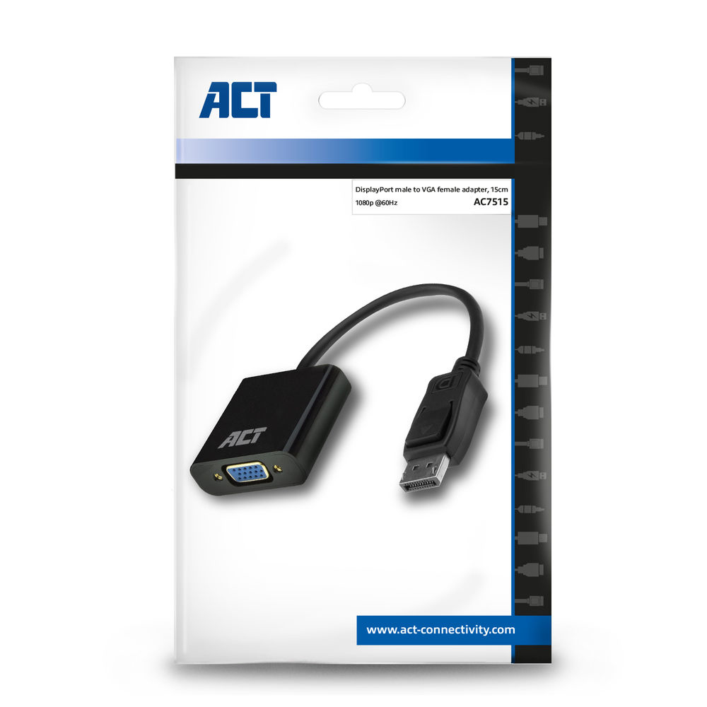 Adaptador DisplayPort macho a VGA hembra en embalaje con marca ACT.