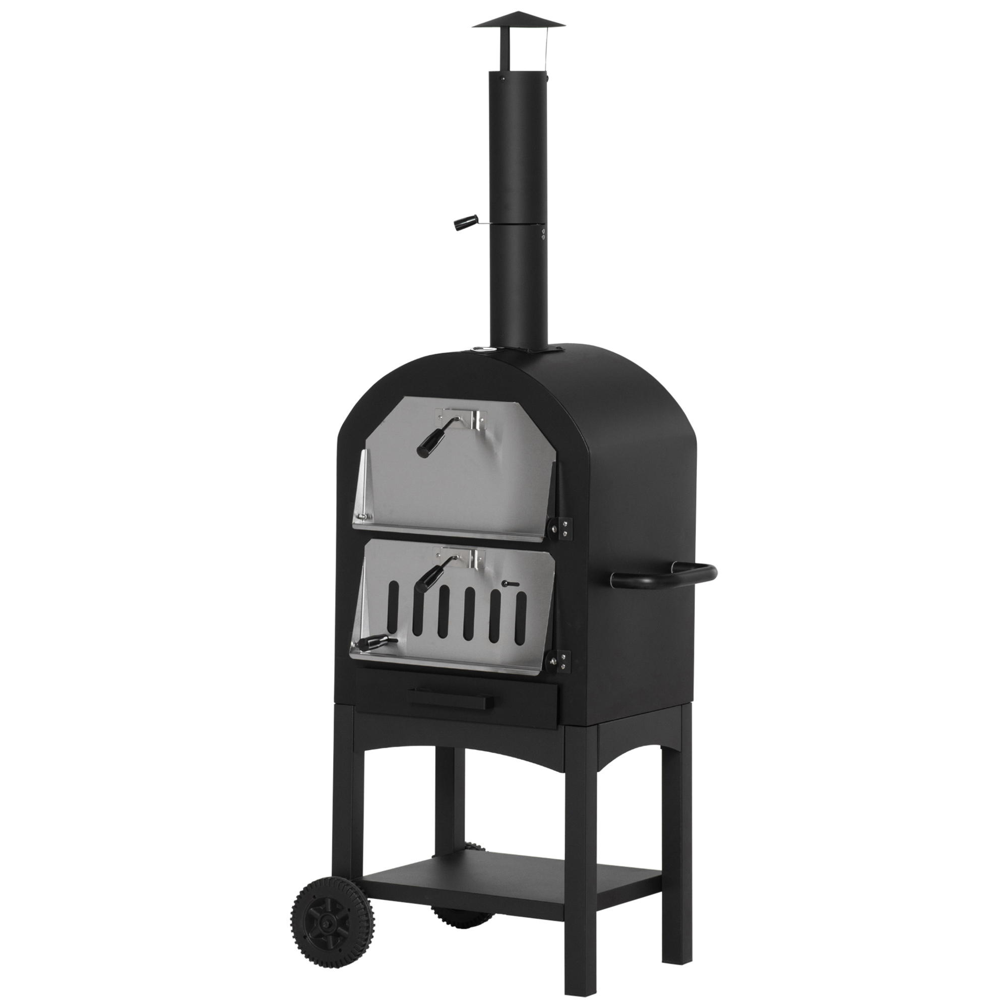 Un forno per pizza nero da esterno con camino, due porte e un ripiano inferiore, su sfondo bianco.