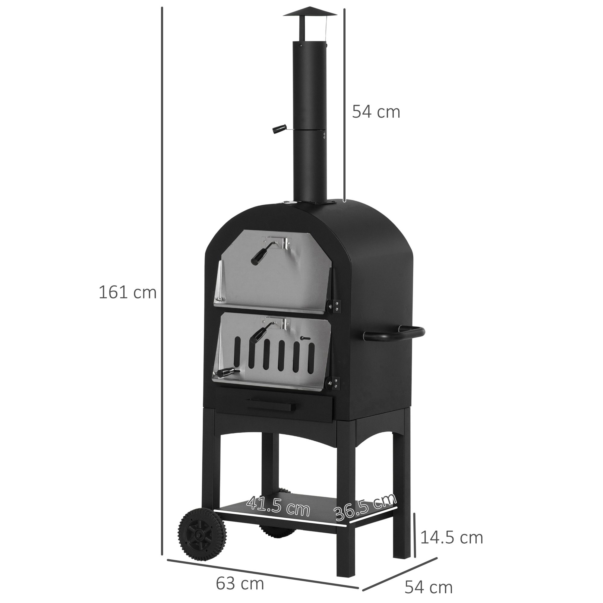 Un forno per pizza nero da esterno con dimensioni etichettate. Ha un camino, due porte e un ripiano inferiore.
