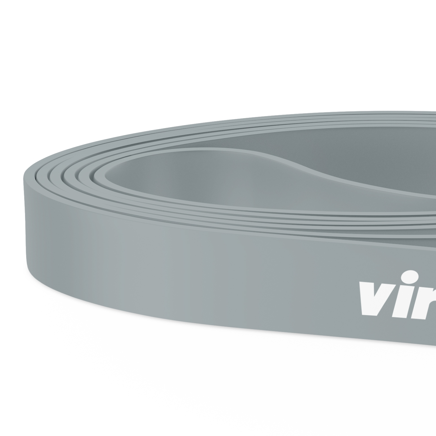 Nahaufnahme eines grauen Widerstandsbandes mit dem teilweise sichtbaren Wort 'virtufit' auf weißem Hintergrund.