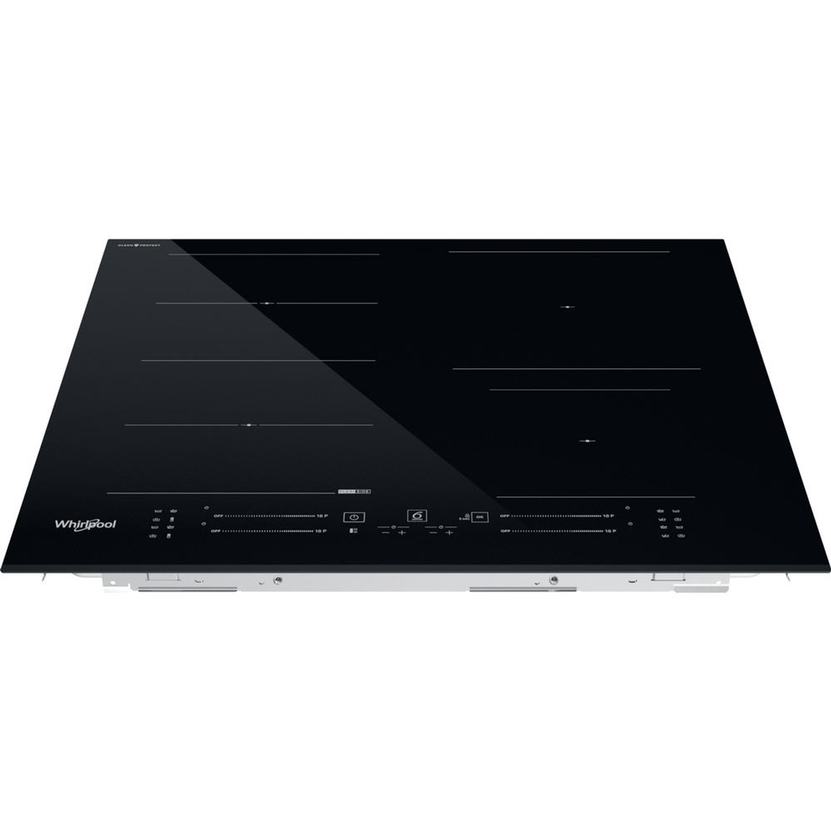 Zwart Whirlpool inductiekookveld met vier kookzones en touch-bediening. Zilveren rand onderaan. Witte achtergrond.