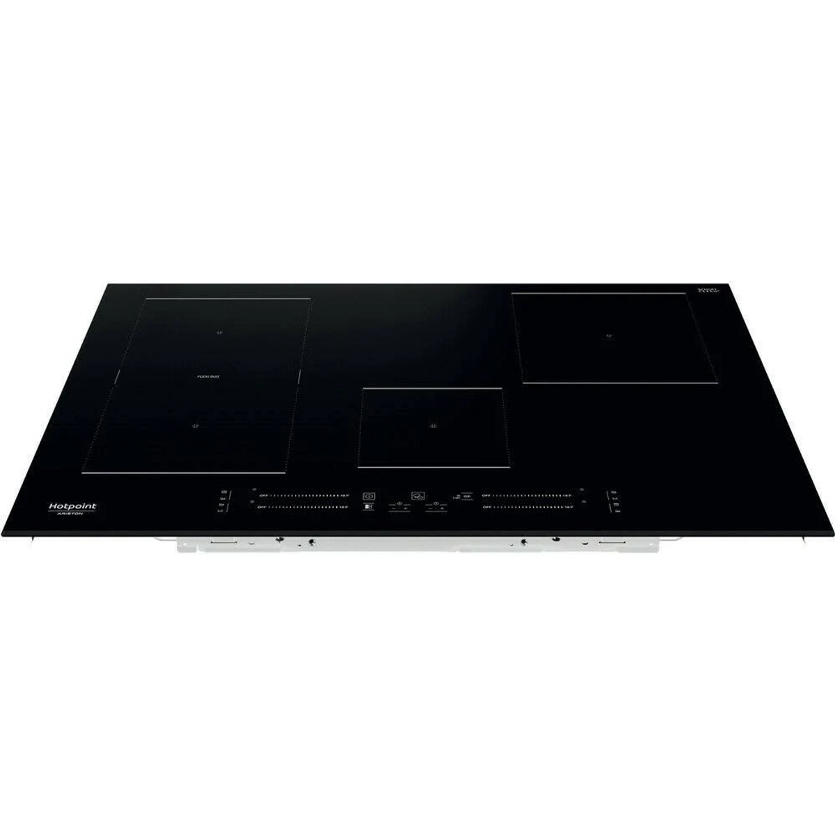 Placa de inducción negra Hotpoint con cuatro zonas de cocción y panel de control.
