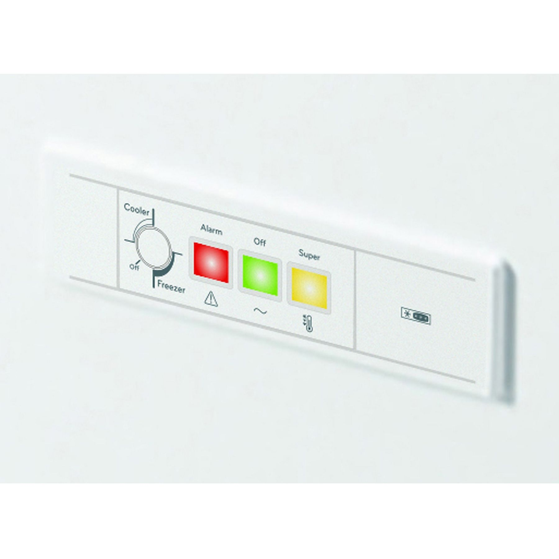Un pannello di controllo di un elettrodomestico bianco con spie luminose e un quadrante della temperatura.