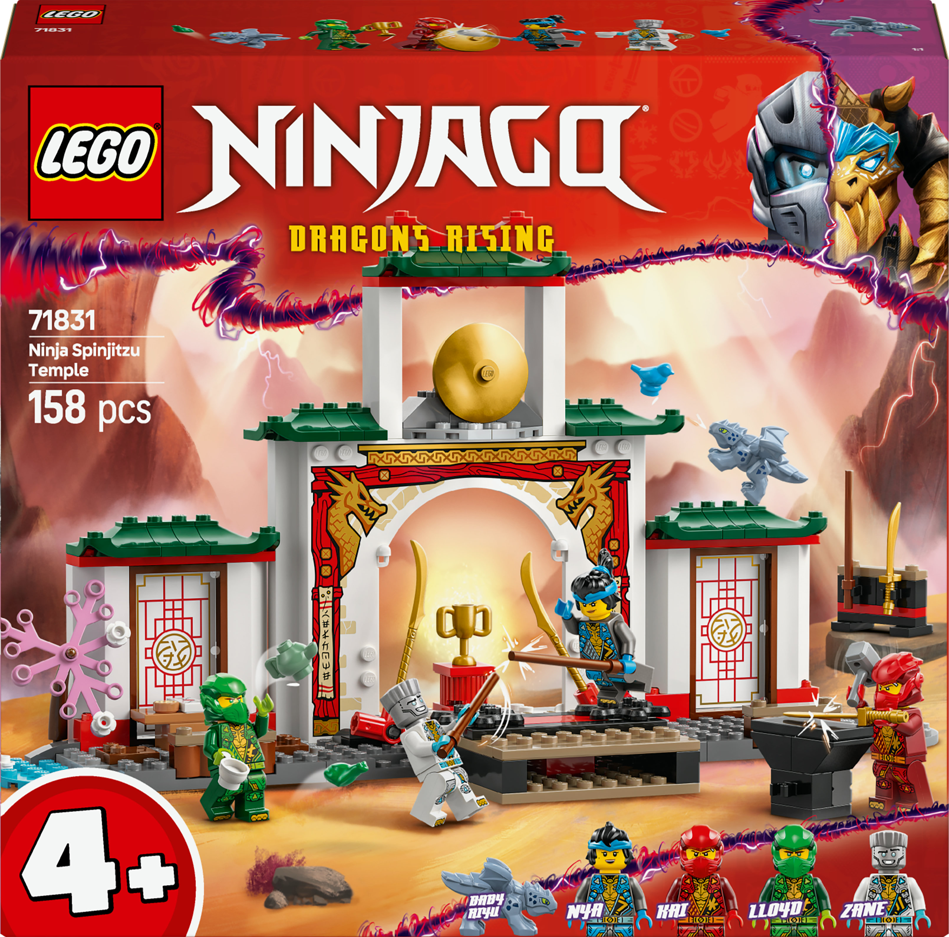 Caja del set LEGO Ninjago con una escena de templo y varias minifiguras ninja.