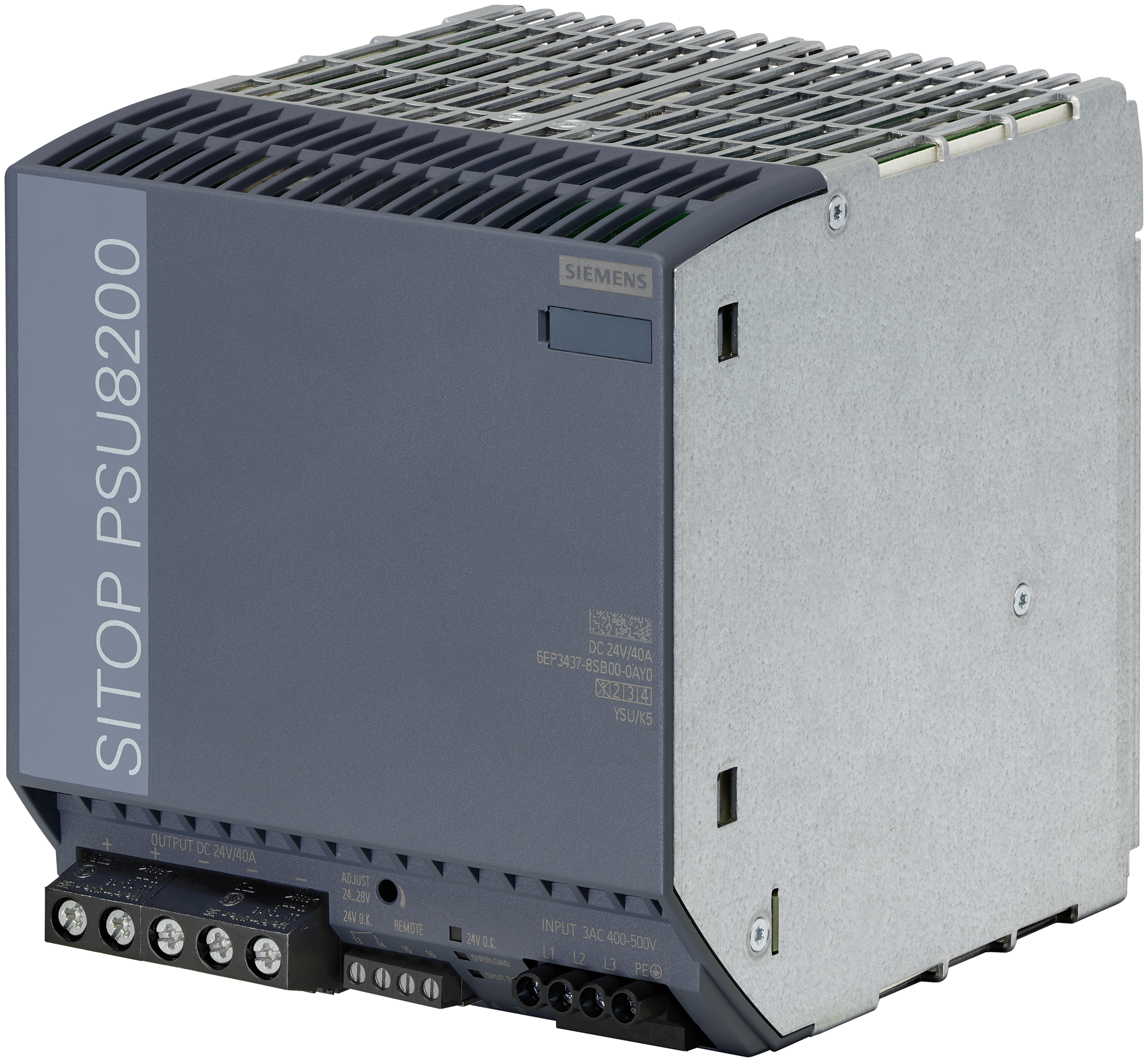 Graues Netzteil mit dunkelgrauem Etikett. Auf dem Etikett steht 'SITOP PSU8200' und 'SIEMENS'.