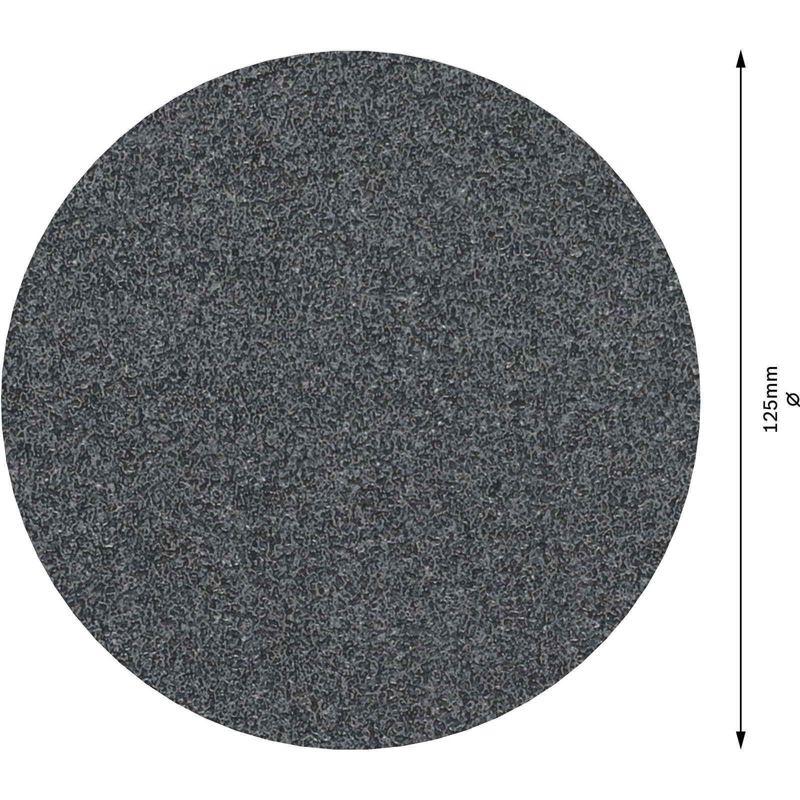 Graue, kreisförmige Schleifpapierscheibe mit 125 mm Durchmesser. Ein Pfeil zeigt das Maß an.