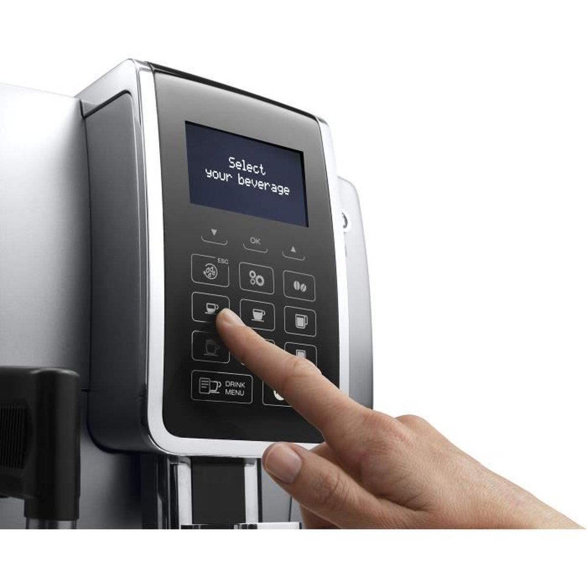 Der Finger einer Person drückt eine Taste auf dem Display einer Kaffeemaschine. Text: 'Wählen Sie Ihr Getränk'.