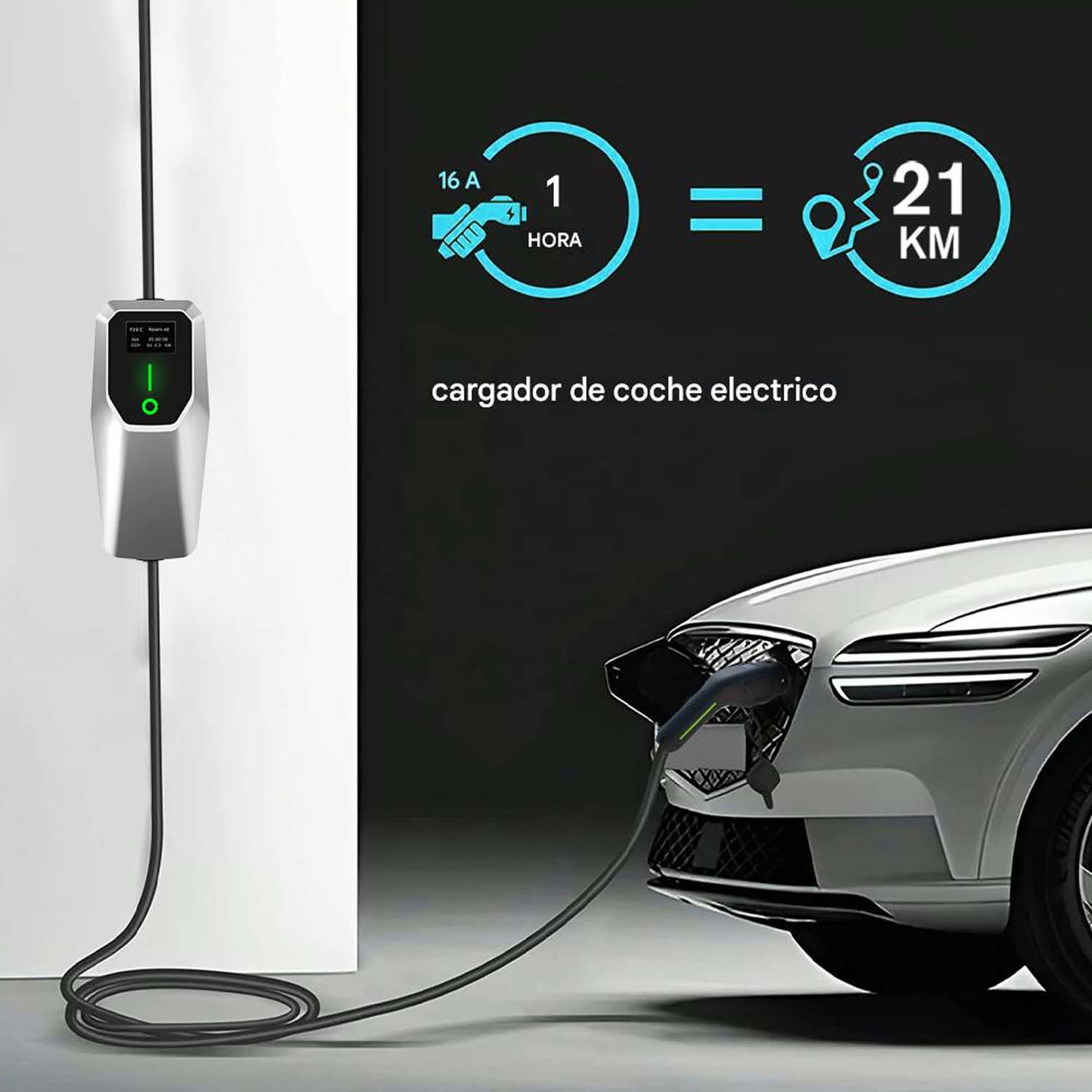 Una estación de carga de coche eléctrico con cable conectado a un coche blanco. Texto muestra tiempo y distancia.