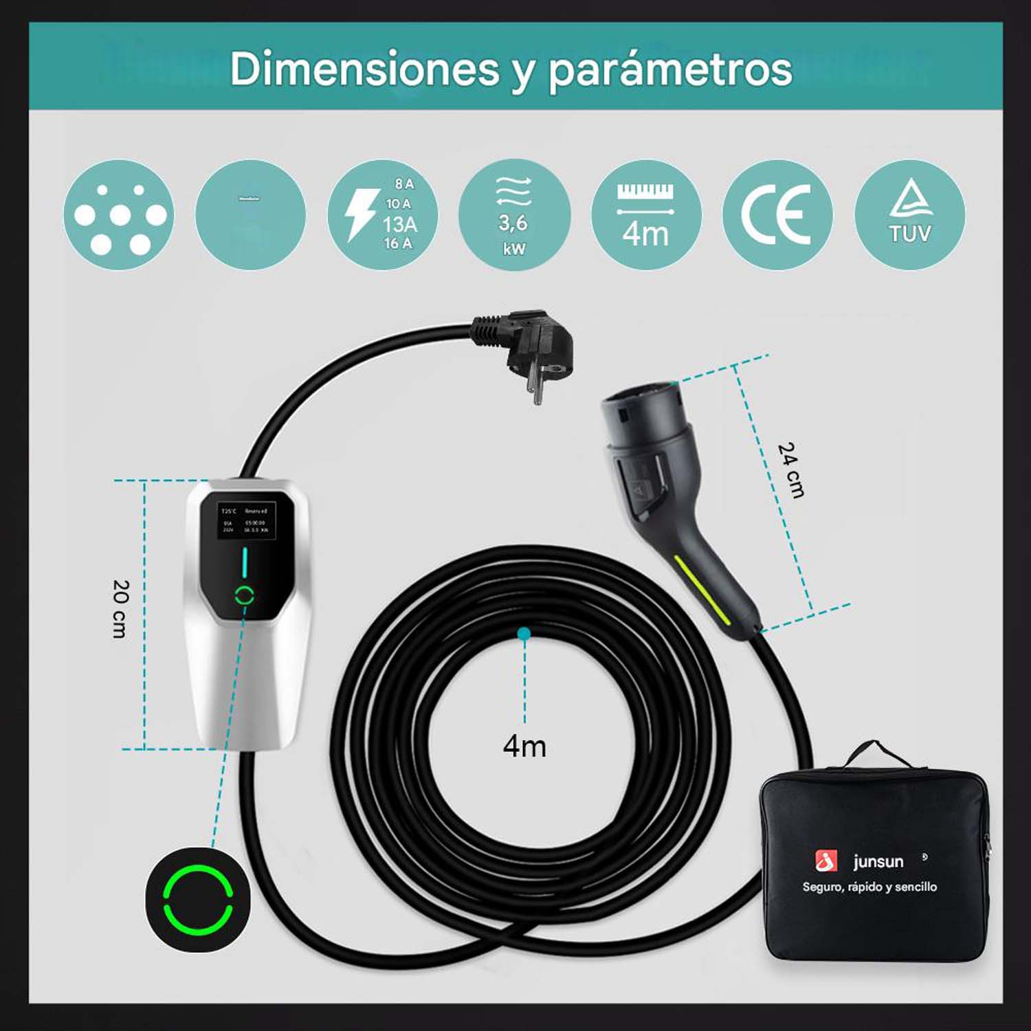 Diagrama de una estación de carga con medidas, cable y conector. Iconos y bolsa con logo.