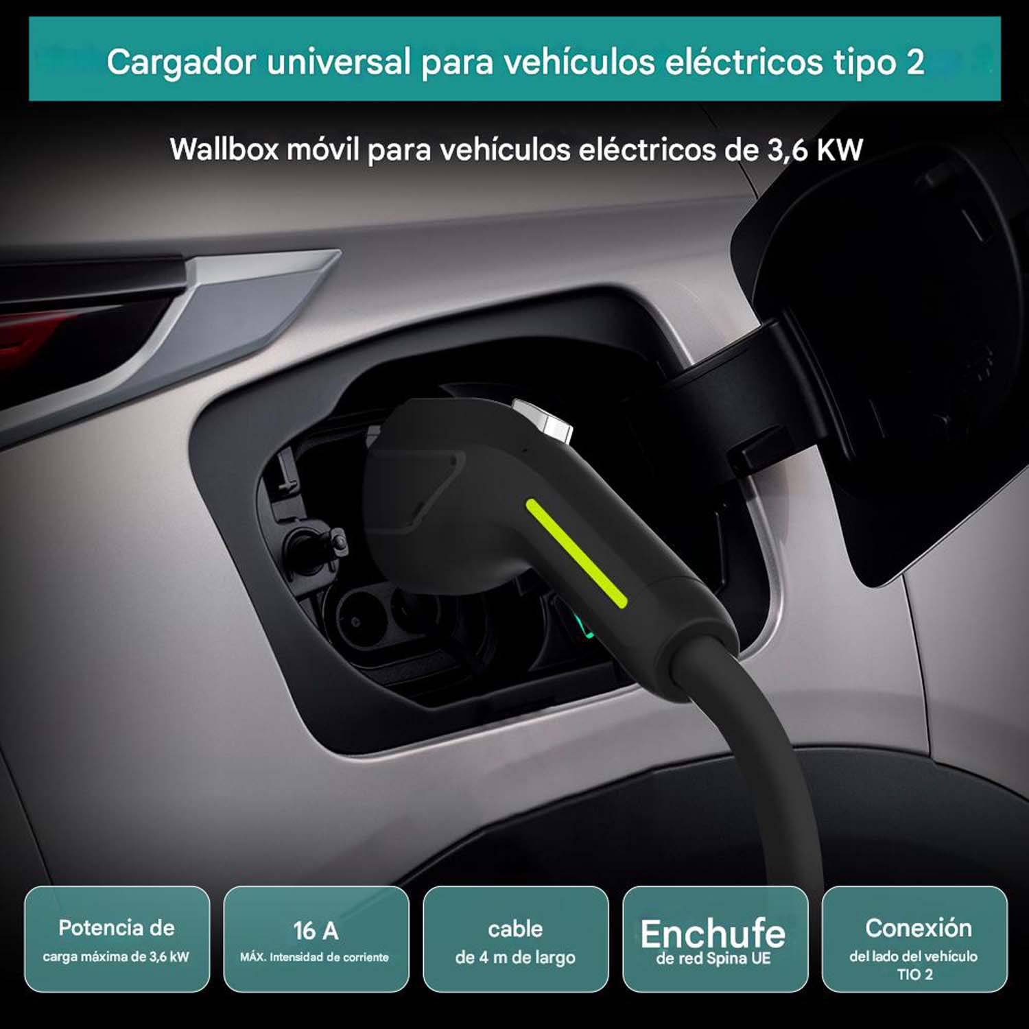 Un cable de carga para vehículos eléctricos enchufado a un coche. Texto sobre la velocidad de carga y el tipo de enchufe.
