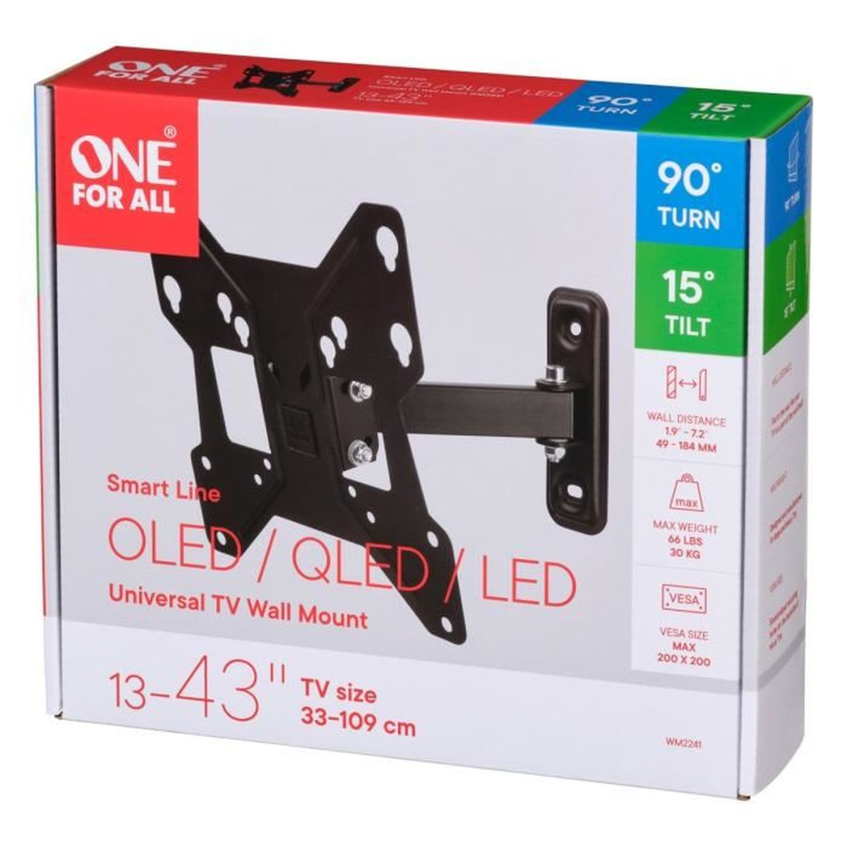 Een doos voor een tv-muurbevestiging, zwarte bevestiging binnenin. Tekst: One For All, 90° Draaien, 15° Kantelen, Smart Line OLED/QLED/LED.