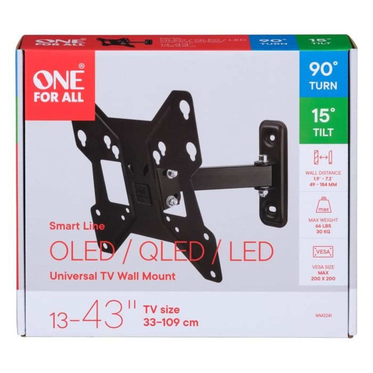 Een doos voor een tv-muurbevestiging, wit met zwarte bevestiging. Tekst op doos: OLED/QLED/LED, 13-43 inch tv-maat.