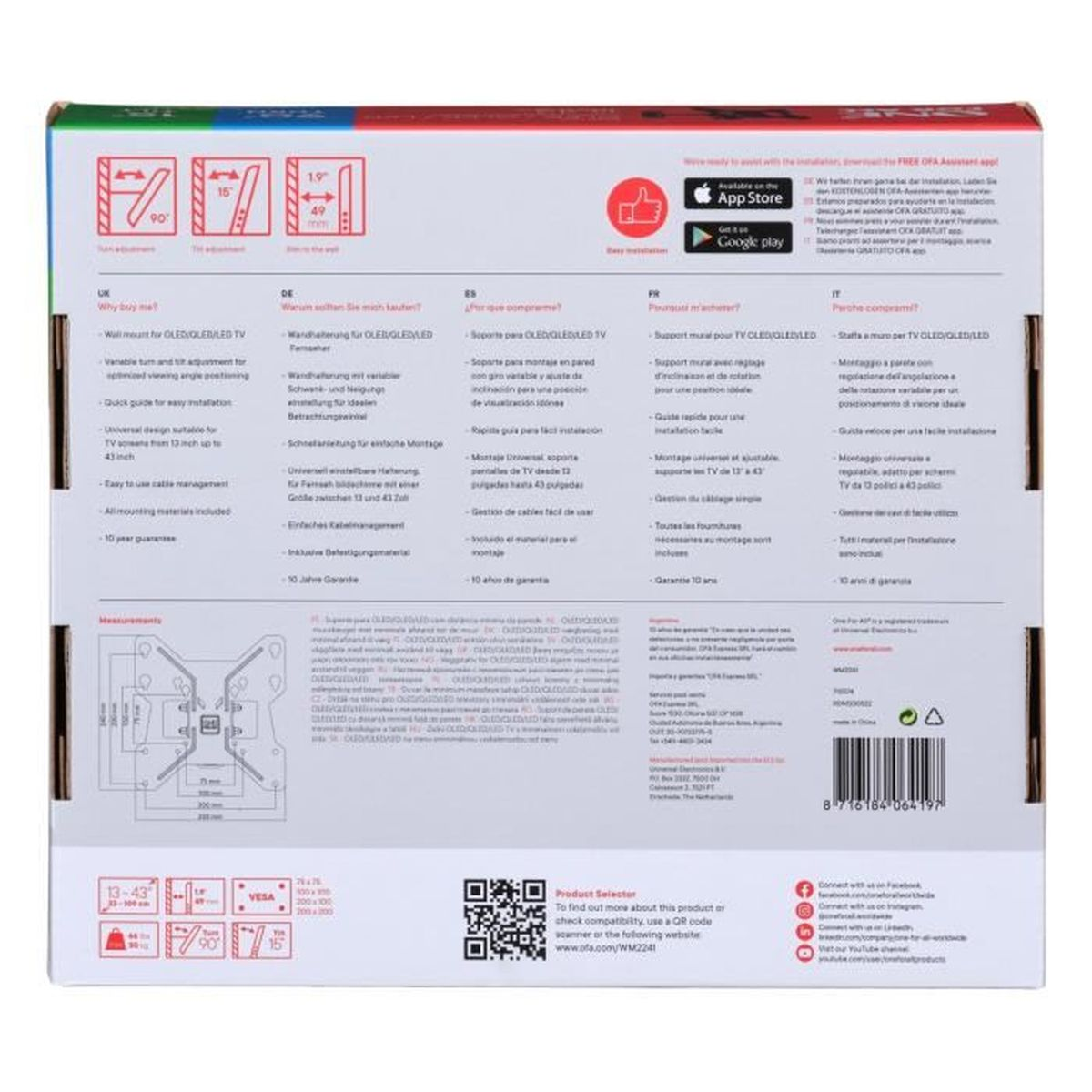 Achterkant van een doos voor een tv-muurbevestiging. Tekst in vele talen. Bevat een QR-code.