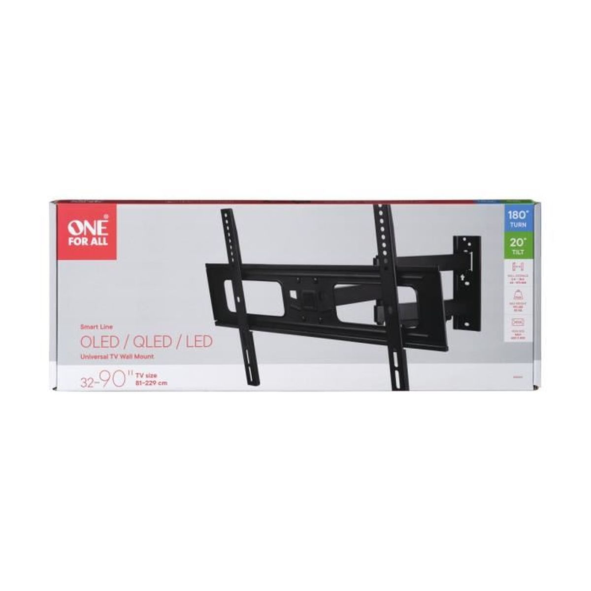 Eine Box für eine TV-Wandhalterung, weiß mit schwarzer Halterung. Text auf der Box: OLED/QLED/LED, 32-90 Zoll.