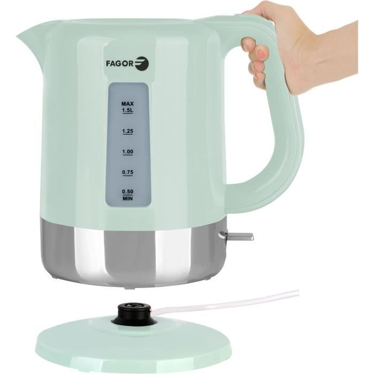 Ein hellgrüner und grauer Wasserkocher mit weißem Sockel. Er hat einen Griff und eine Wasserstandsanzeige.