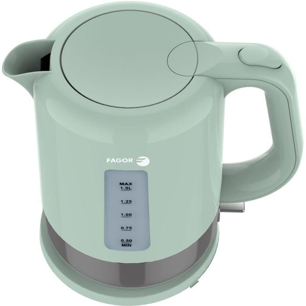 Ein hellgrüner Fagor Wasserkocher mit Wasserstandsanzeige, Griff und Chromfuß.