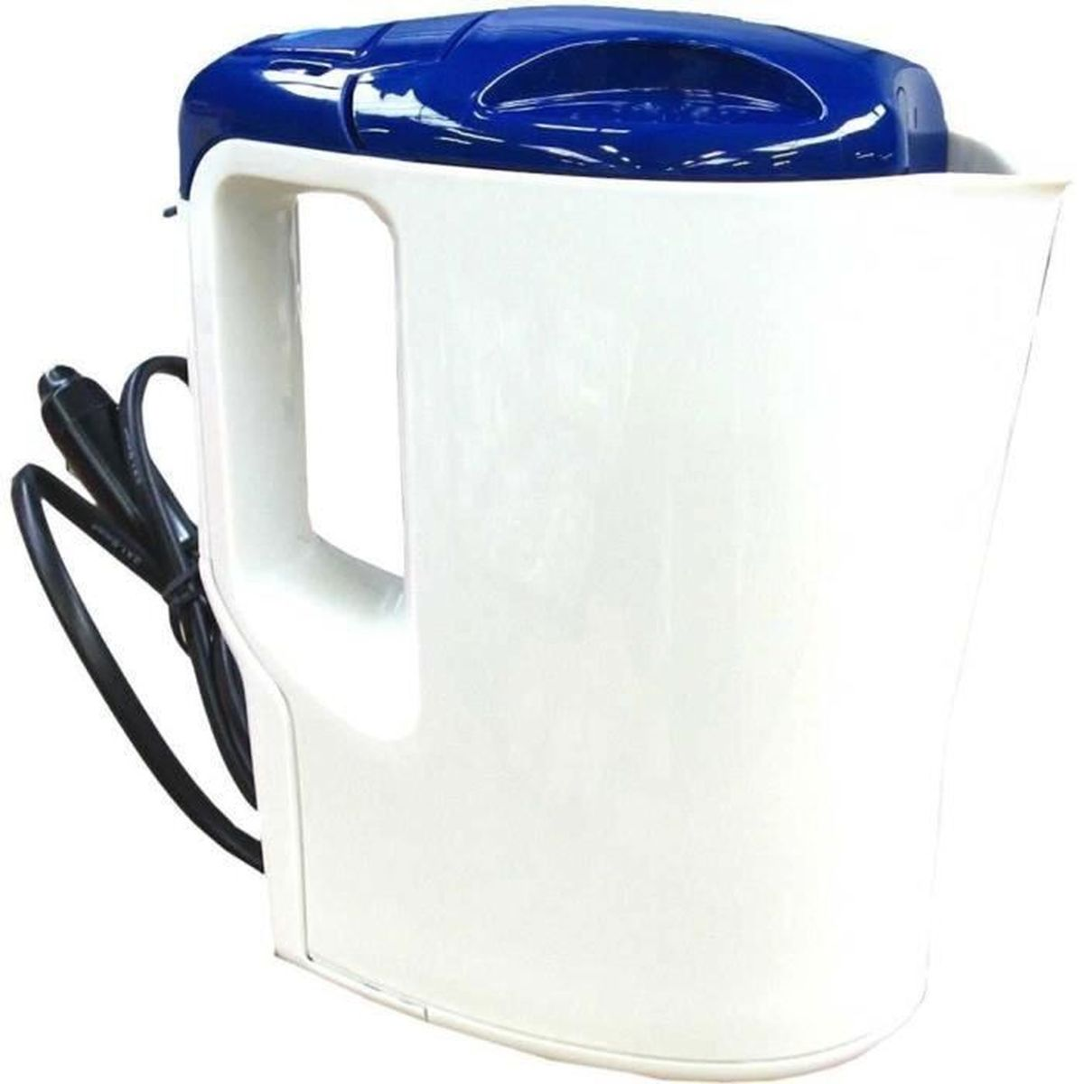 Ein weiß-blauer Reisekocher mit Griff und Netzkabel, der auf einer weißen Oberfläche liegt.