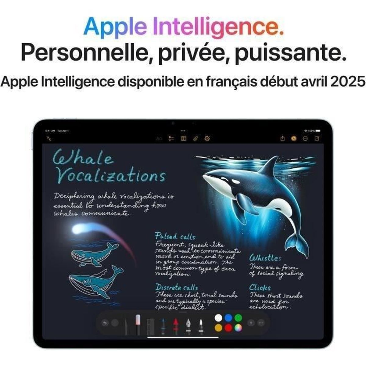 iPad wyświetla 'Wokalizacje wielorybów' z ilustracjami wielorybów i tekstem wyjaśniającym różne wokalizacje.