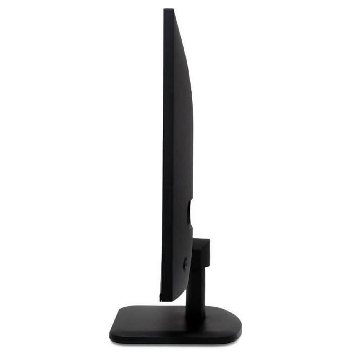 Czarny monitor komputera stoi pionowo. Widok z boku pokazuje cienki profil. Podstawa jest kwadratowa.
