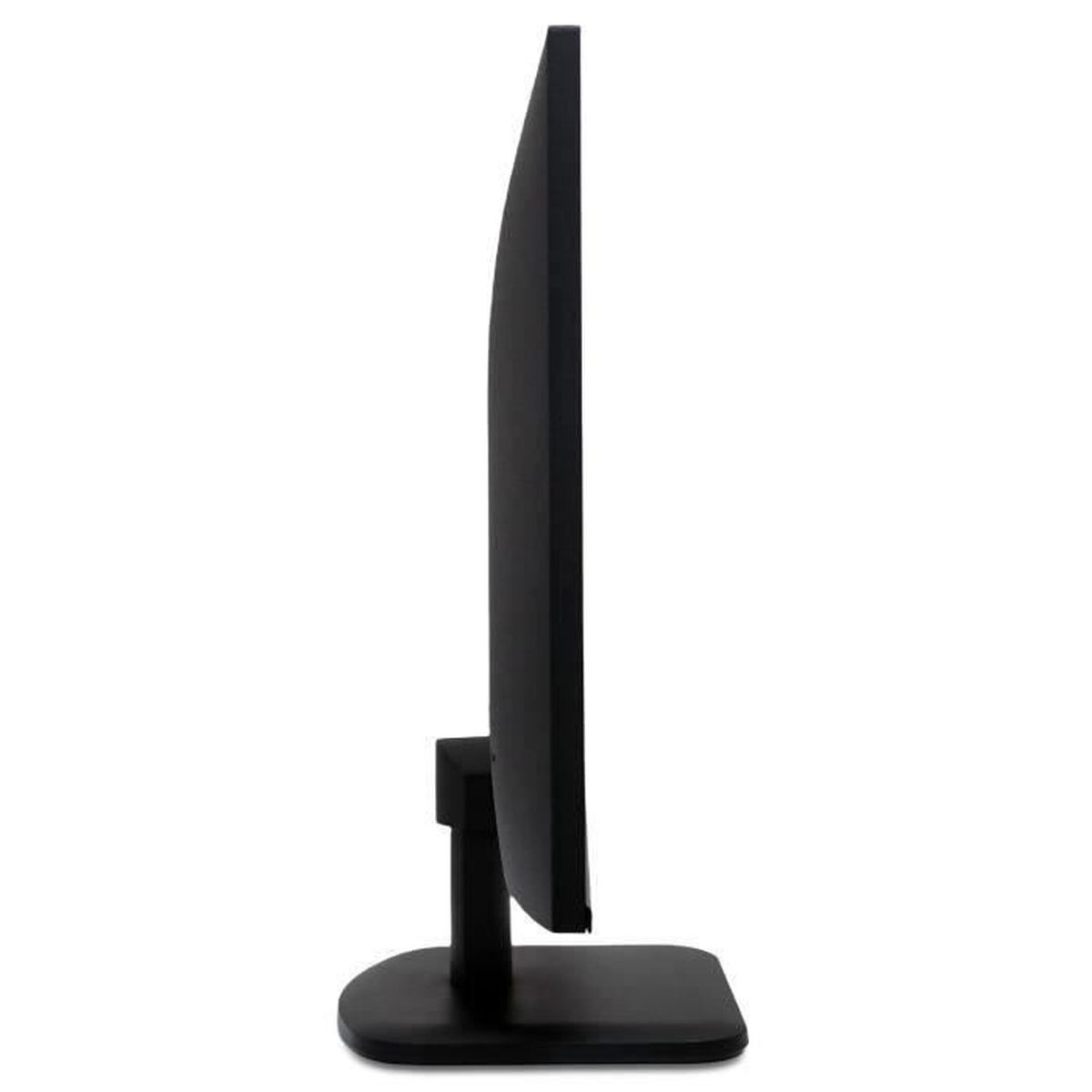 Czarny monitor komputera w profilu. Ma cienką ramkę i podstawkę.