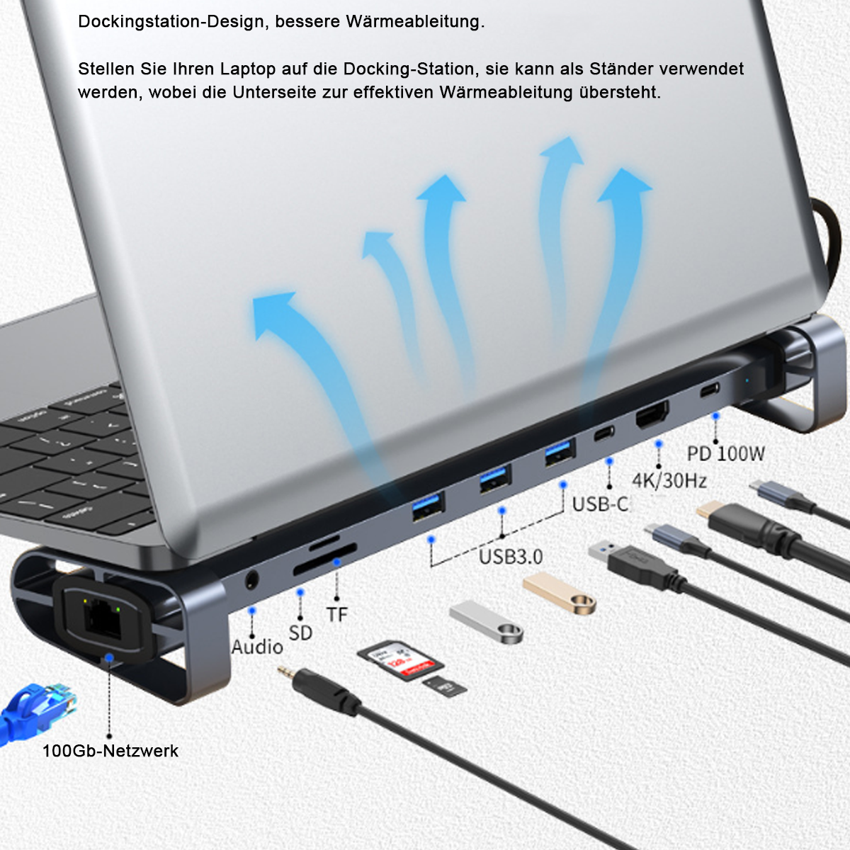 Nahaufnahme eines Laptops mit Dockingstation. Pfeile zeigen Luftstrom. Verschiedene Stecker und Anschlüsse sind sichtbar.