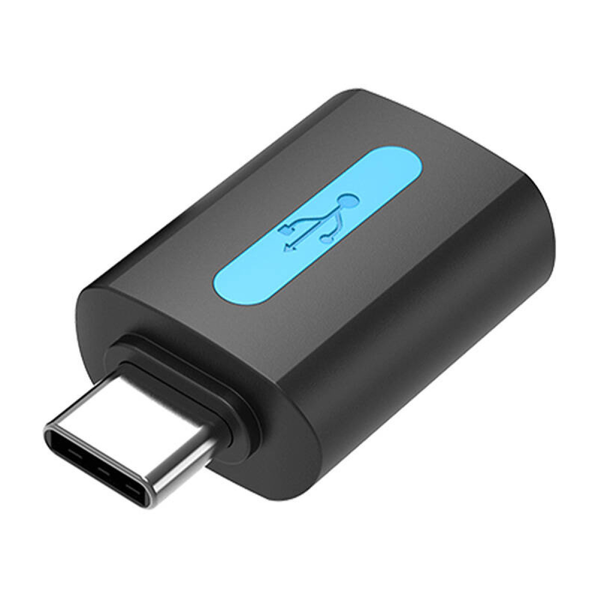 Un adattatore USB-C nero con un simbolo USB blu sulla sua superficie.