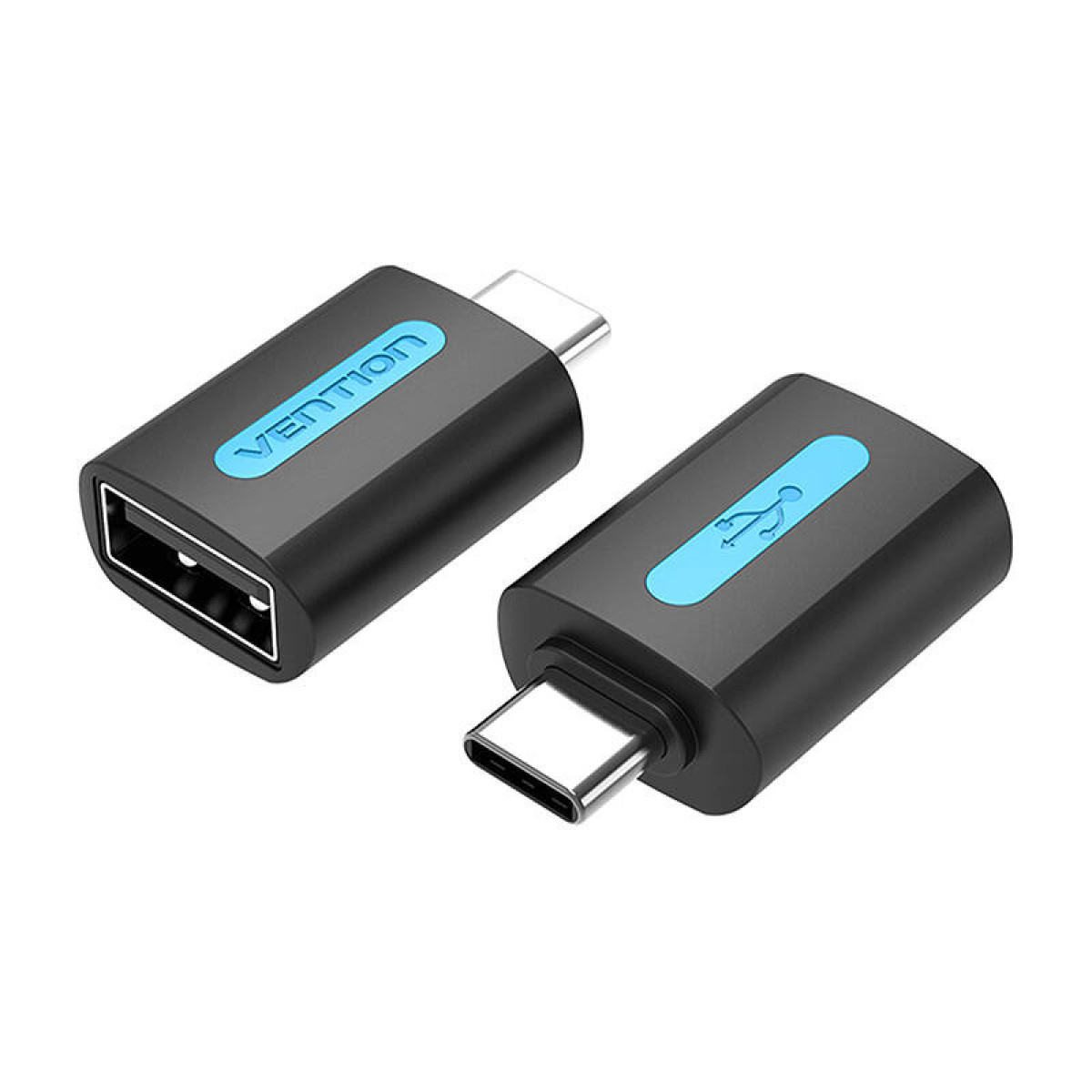 Due adattatori neri da USB a USB-C. Uno mostra il logo VENTION, l'altro un simbolo USB blu.
