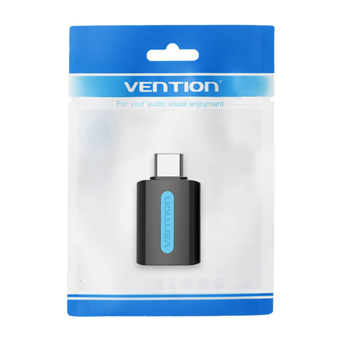 Un adattatore USB a USB-C in una confezione di plastica trasparente con dettagli blu. Visibile il logo VENTION.