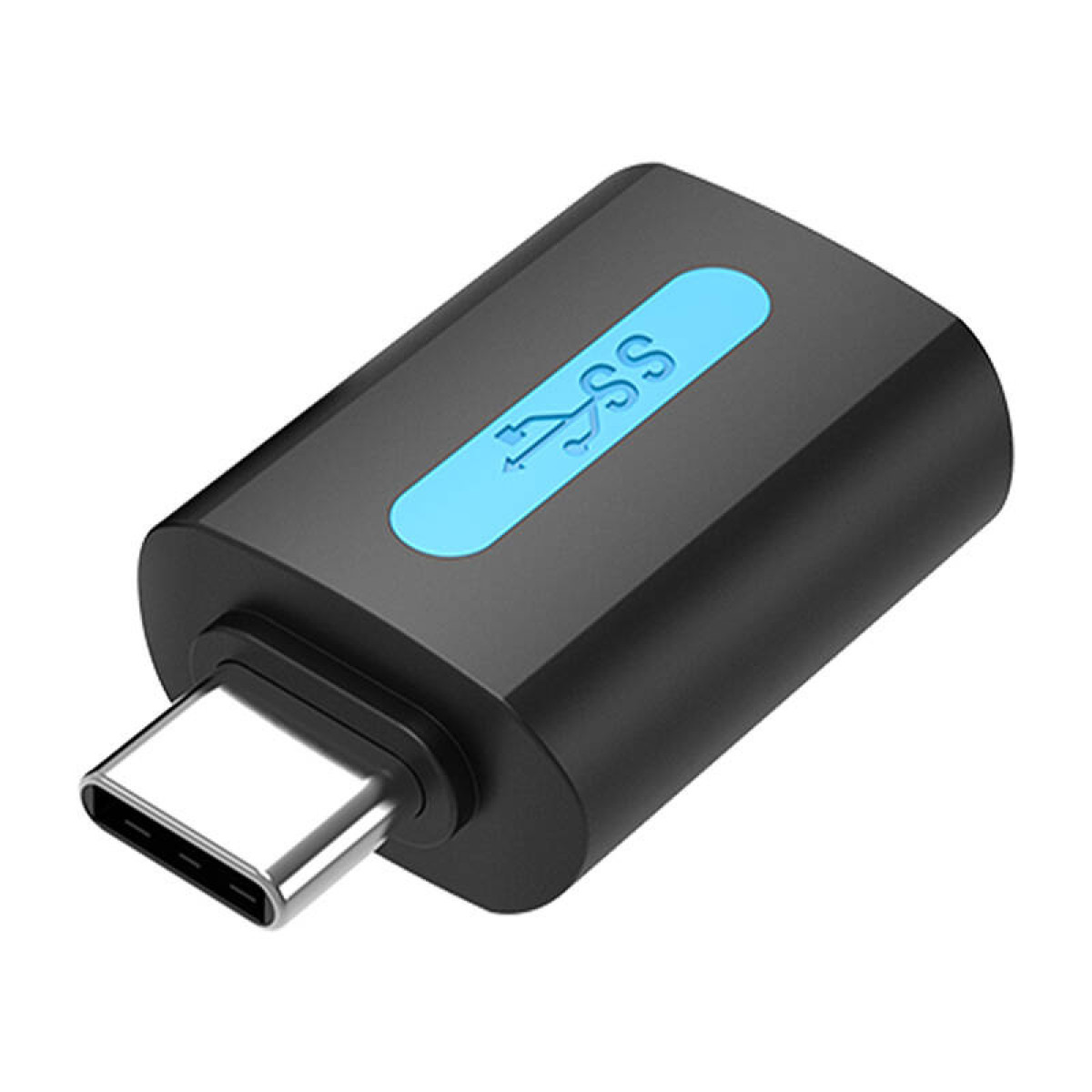 Un adaptador USB-C negro con un símbolo SS azul en su superficie.