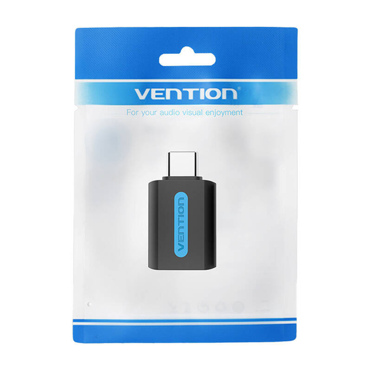 Un adaptador USB a USB-C en un paquete de plástico transparente con detalles azules. Visible el logo VENTION.
