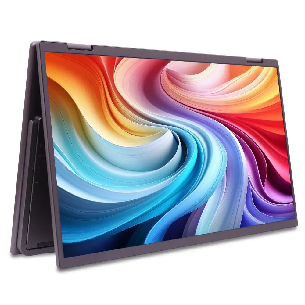 Laptop w pozycji namiotu z kolorowym ekranem, na białej powierzchni. Logo Acer na dole.