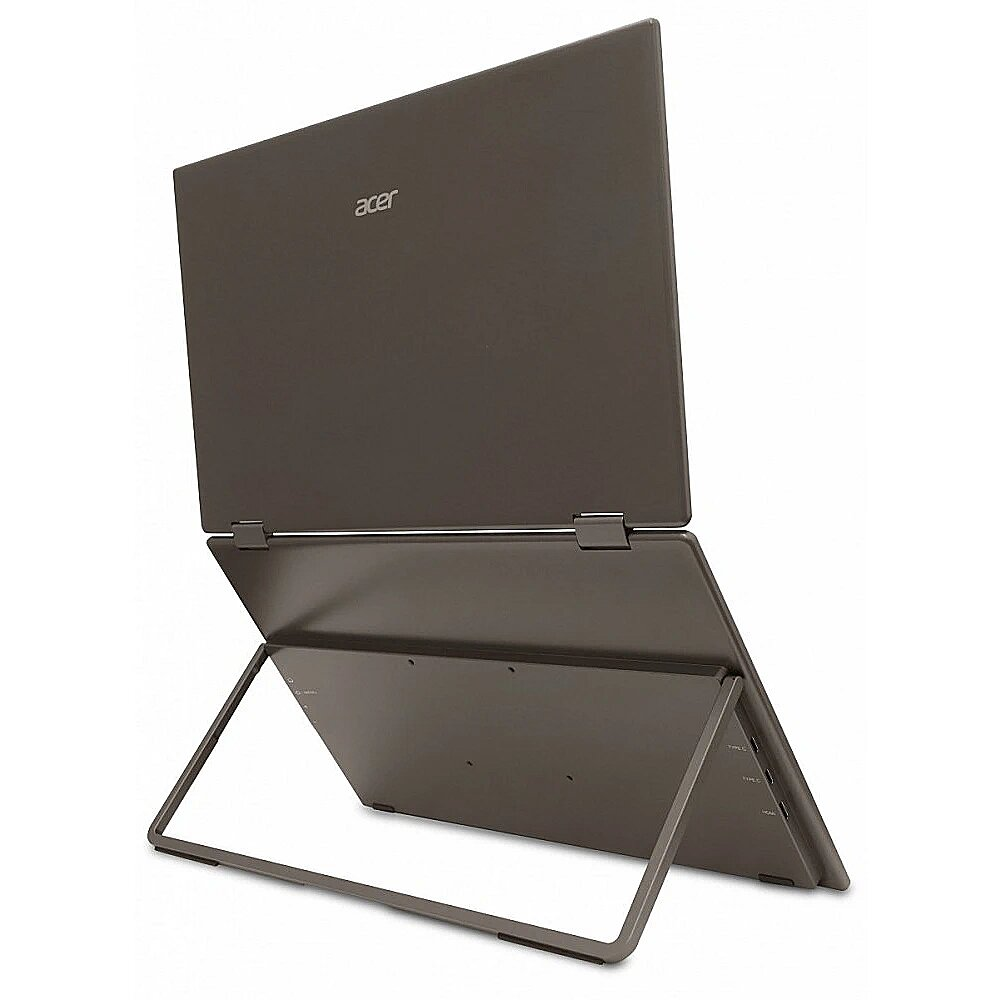 Der Laptop ist geöffnet, Acer-Logo sichtbar. Der Bildschirm ist nach oben geneigt, dunkelgrau vor weißem Hintergrund.