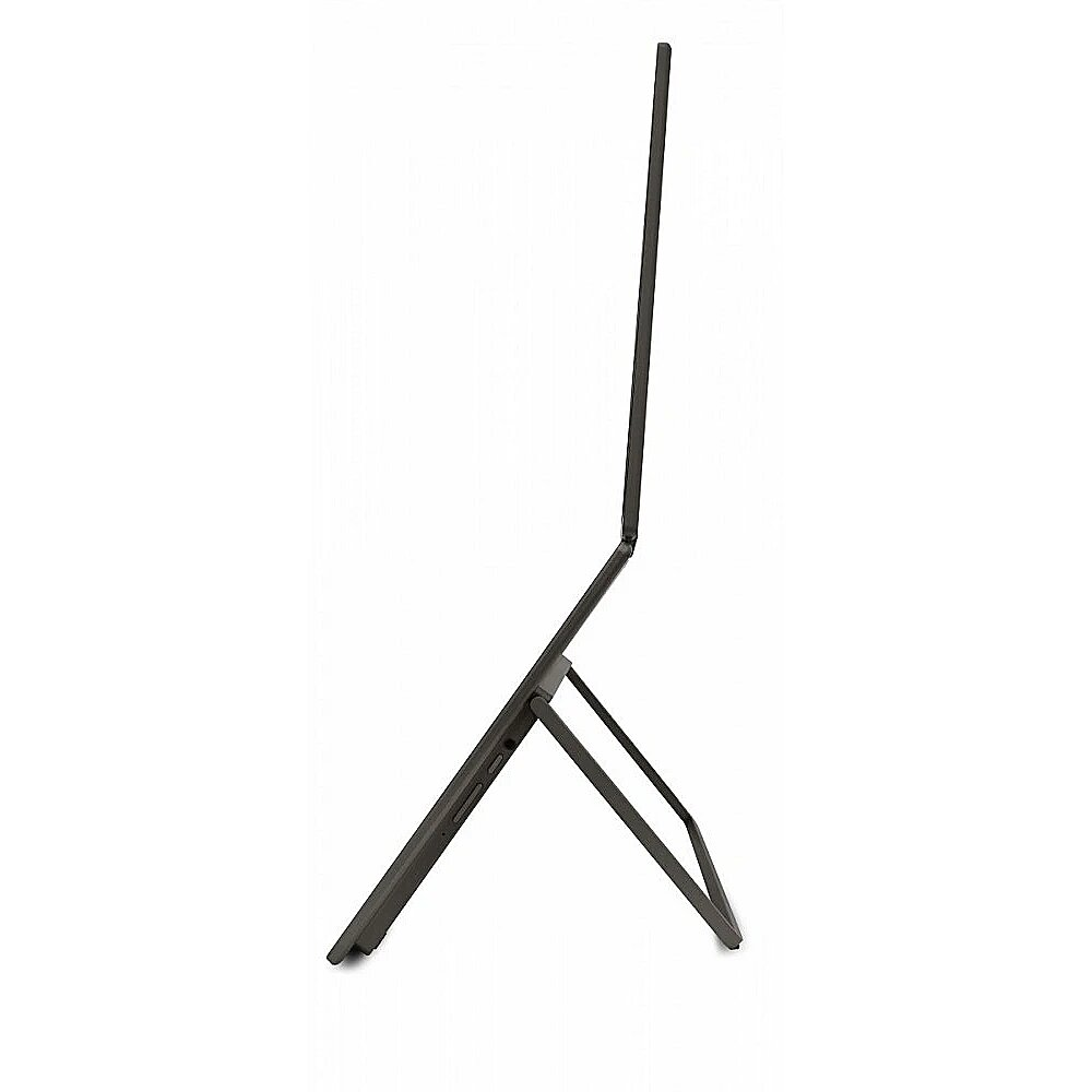 Laptop w pozycji namiotu, widok z boku, na białej powierzchni. Ekran jest widoczny.