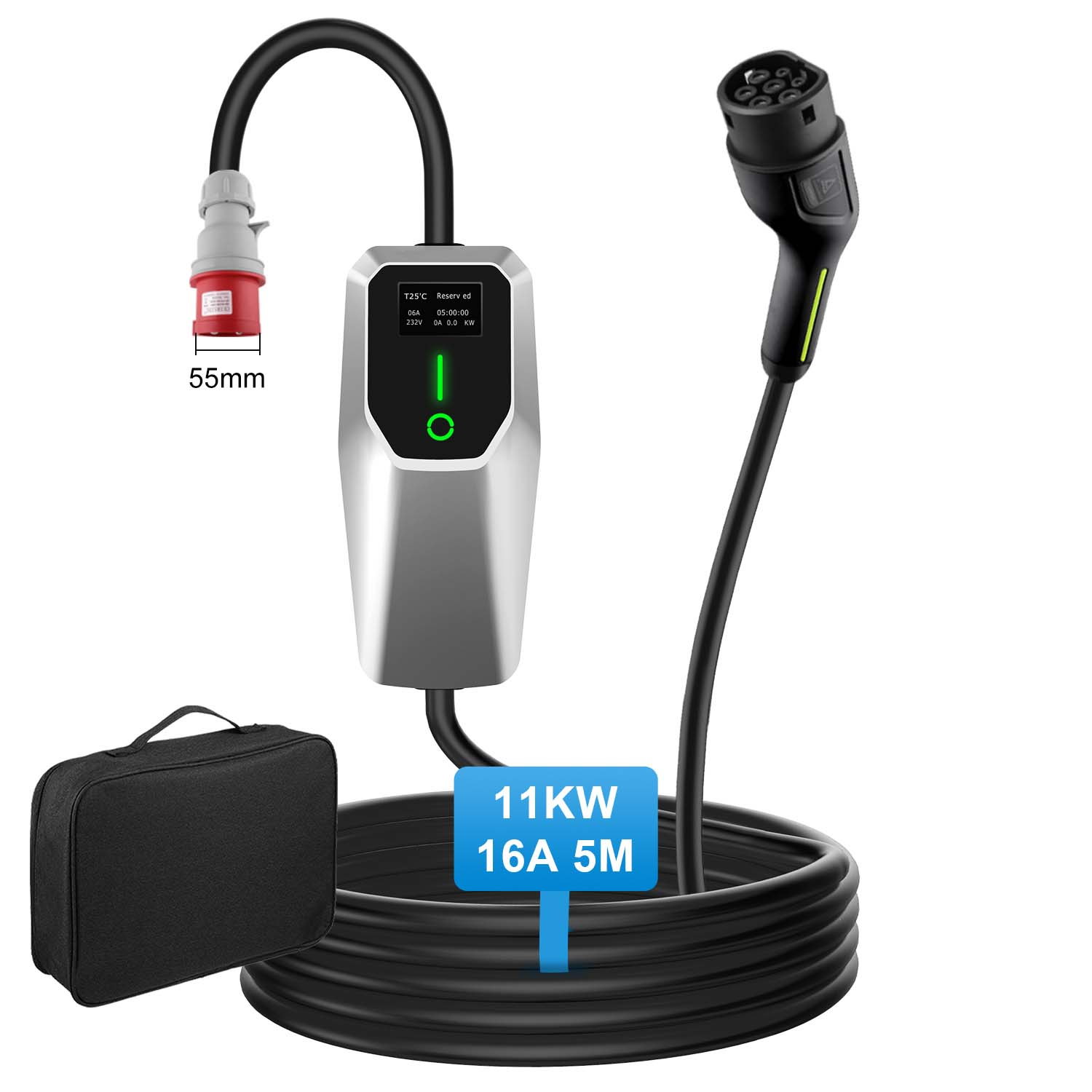 Un cargador de vehículo eléctrico con cable negro, conector rojo y una bolsa de transporte, con especificaciones.
