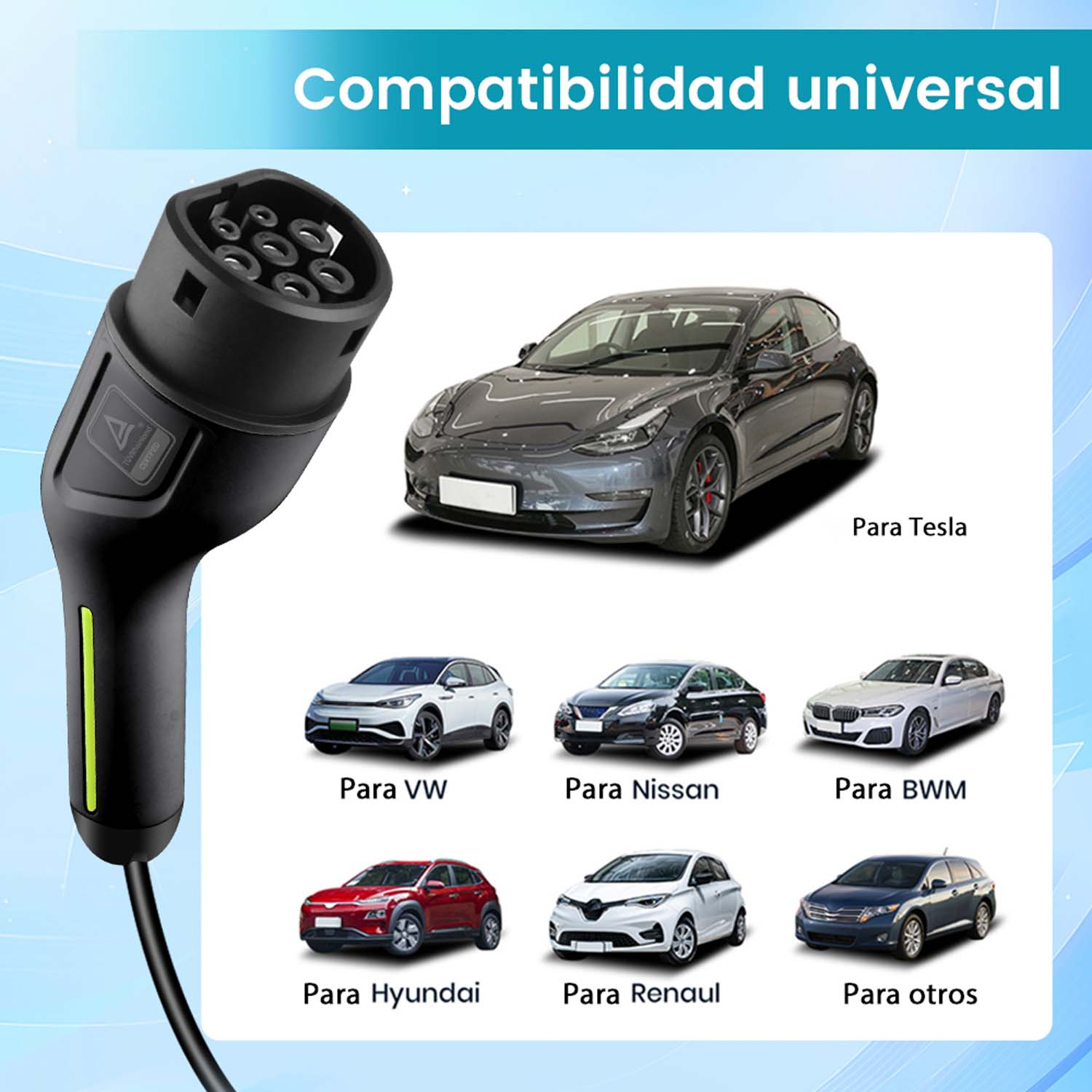 Un conector de carga con varias marcas de automóviles, mostrando la compatibilidad universal para vehículos eléctricos.