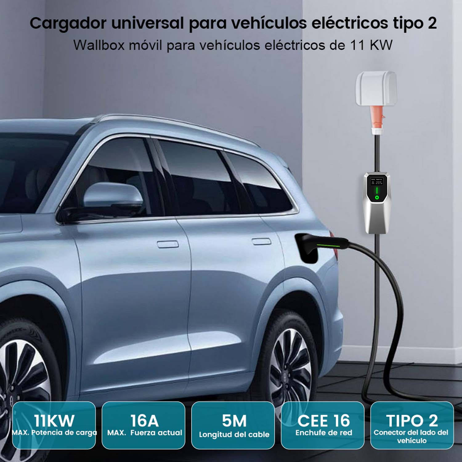Un cargador de vehículo eléctrico plateado conectado a un coche. Muestra el cargador, la alimentación y la información del cable.