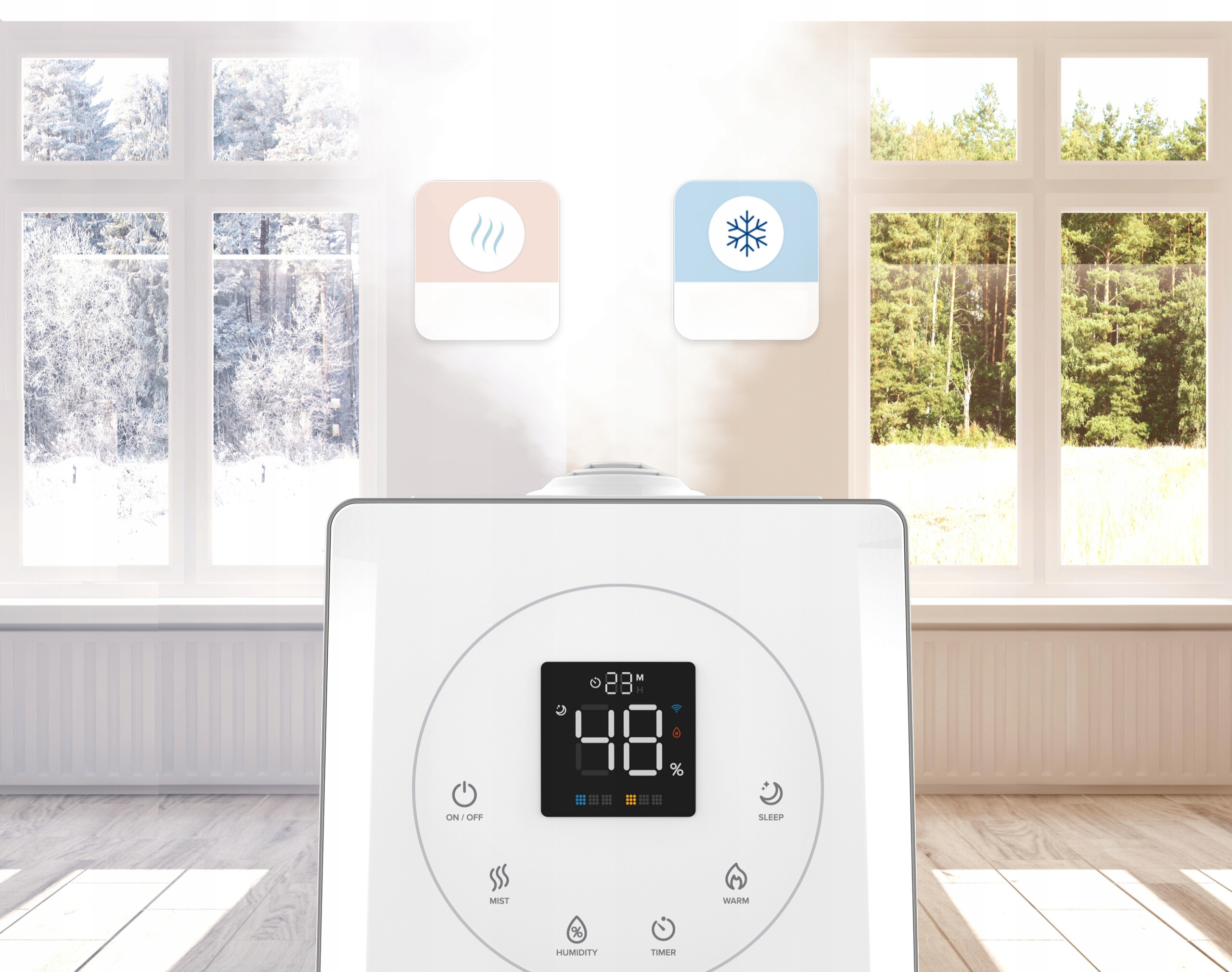 Biały nawilżacz powietrza stoi przed oknem. Wyświetlacz nawilżacza pokazuje 48%. Nad wyświetlaczem znajdują się ikony.