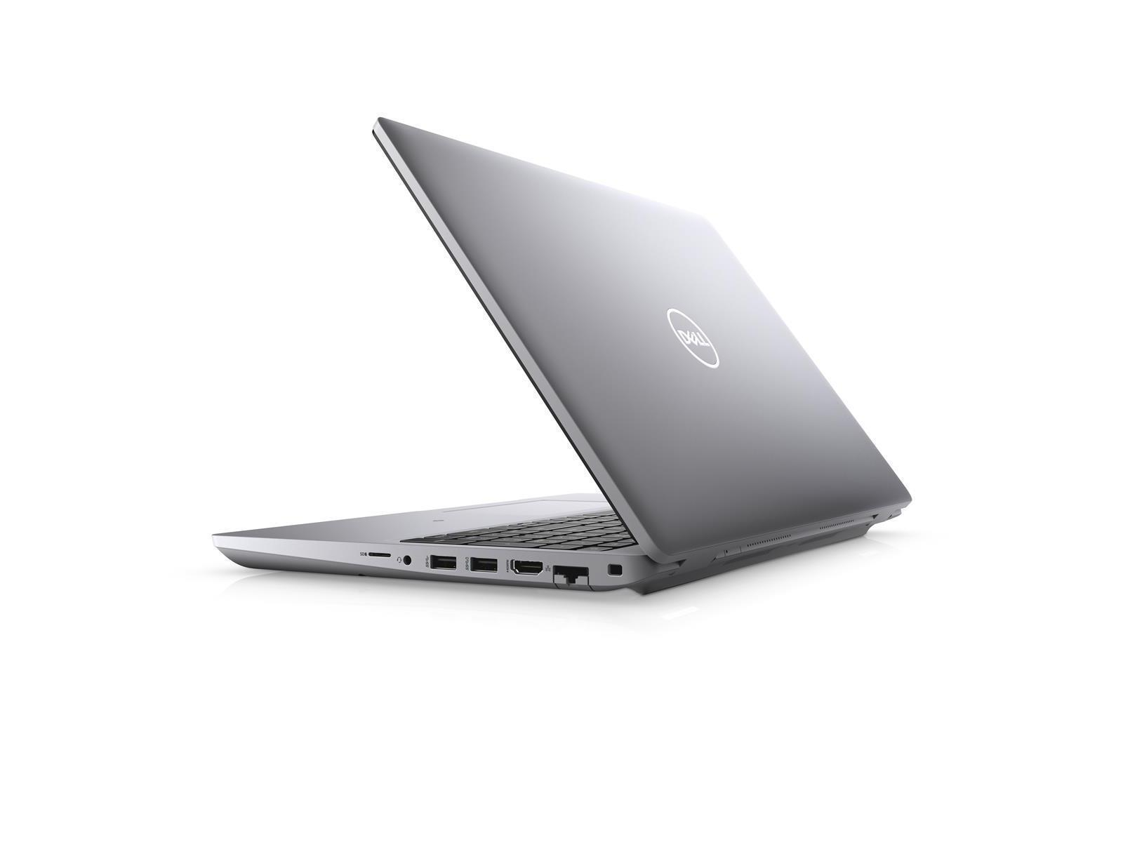 Ein grauer Dell-Laptop, der in einem Winkel geöffnet ist. Das Dell-Logo ist sichtbar. Weißer Hintergrund.