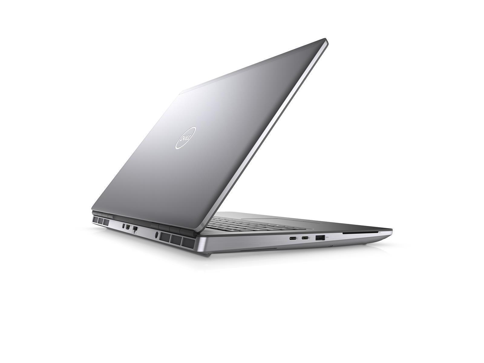 Silberner Dell-Laptop, in einem Winkel geöffnet. Dell-Logo auf der Rückseite. Weißer Hintergrund.