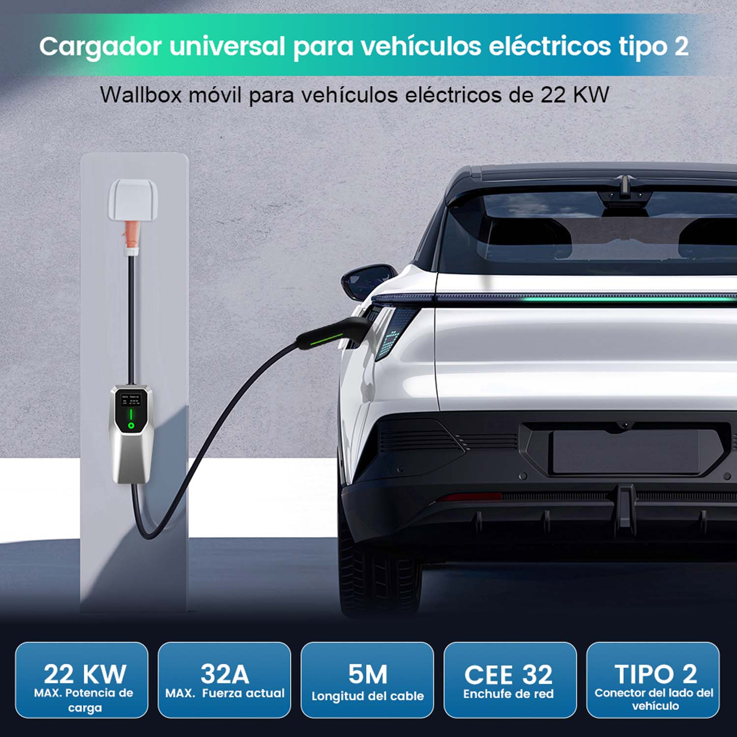 Cargador universal para vehículos eléctricos. Un coche está conectado. Texto en español. Fondo blanco.