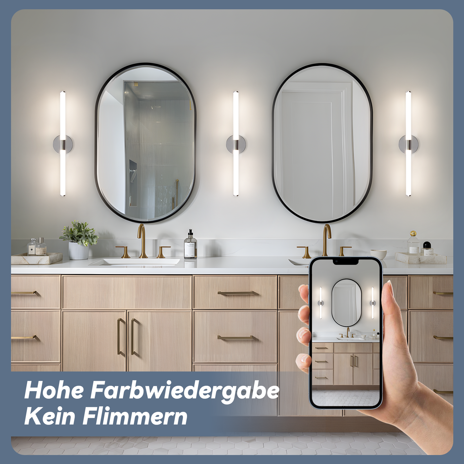 Ein Badezimmer mit zwei Spiegeln, LED-Leuchten und einem Smartphone, das die Szene zeigt.