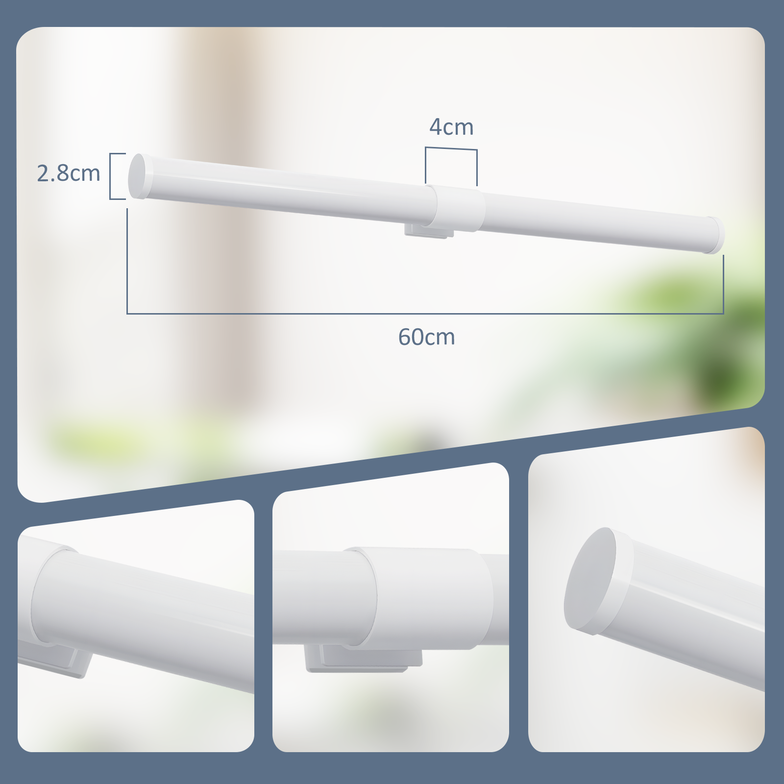 Diagramm einer weißen LED-Leuchte mit Abmessungen. Drei Nahaufnahmen darunter.