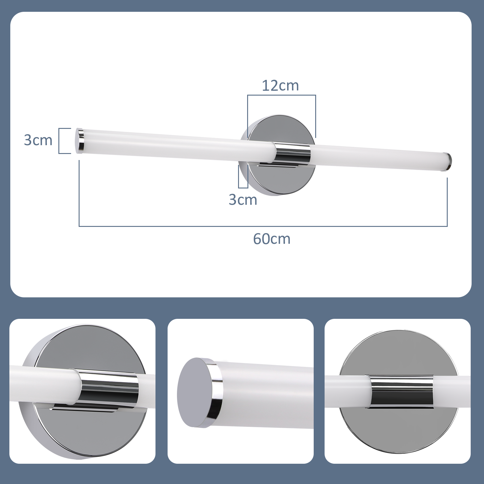 Diagramm einer weißen LED-Leuchte mit Chrom-Montageplatte. Abmessungen gezeigt.