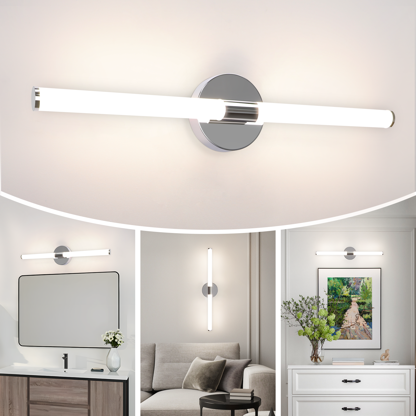 Eine moderne LED-Leuchte über einem Waschbecken. Drei Szenen mit der Leuchte.