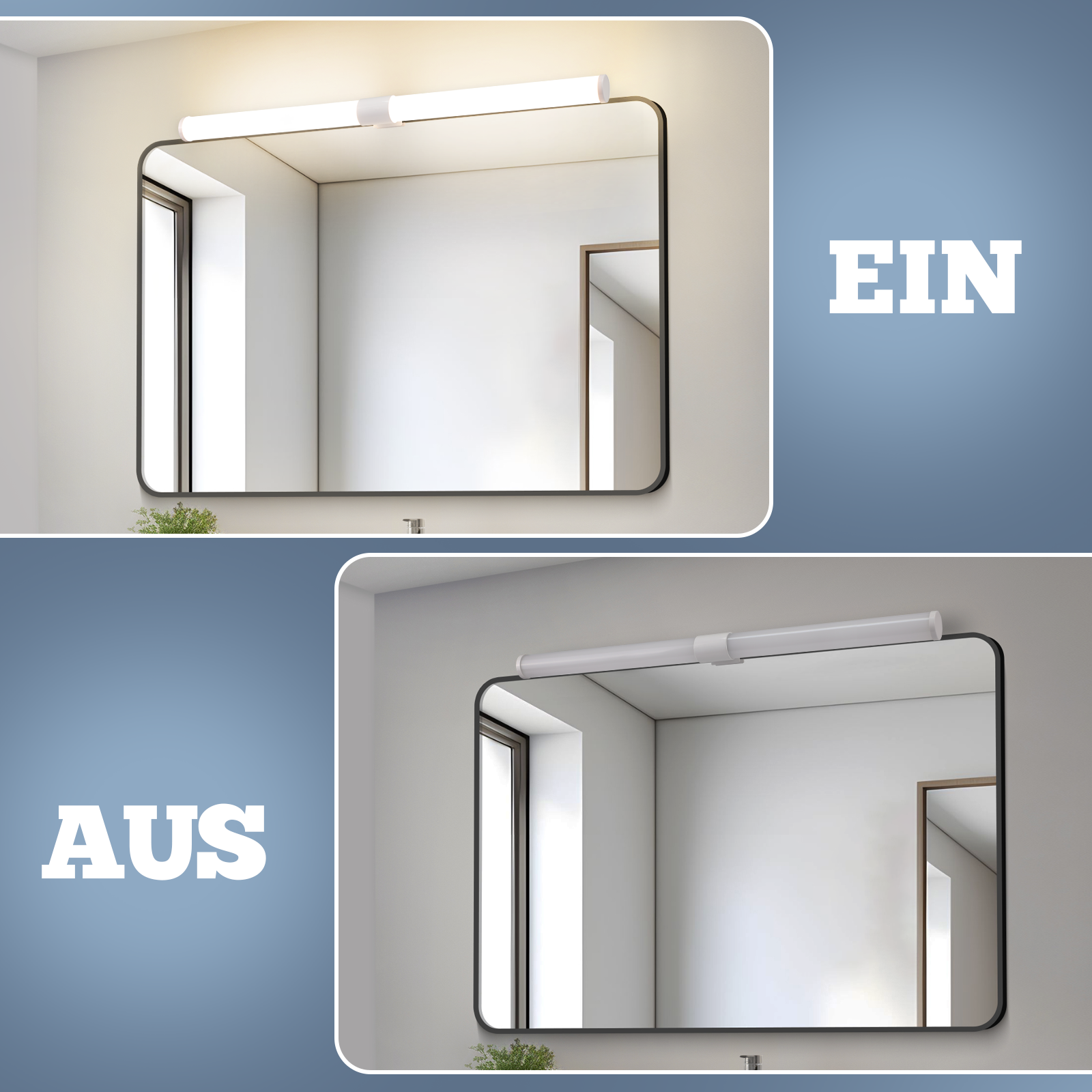 Zwei Bilder zeigen einen Badezimmerspiegel mit ein- und ausgeschaltetem Licht, wobei die deutschen Wörter „EIN“ und „AUS“ überlagert sind.