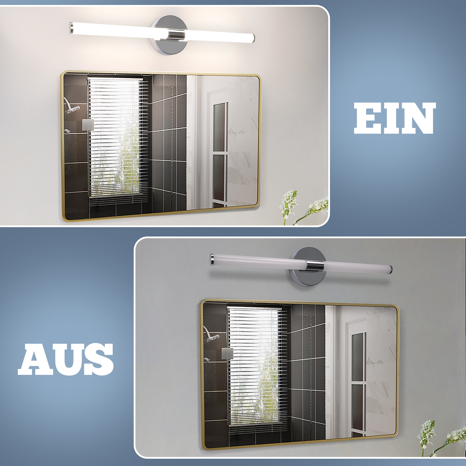 Ein Spiegel mit Licht darüber wird in zwei Zuständen gezeigt: ein und aus. Der Spiegel reflektiert ein Fenster.