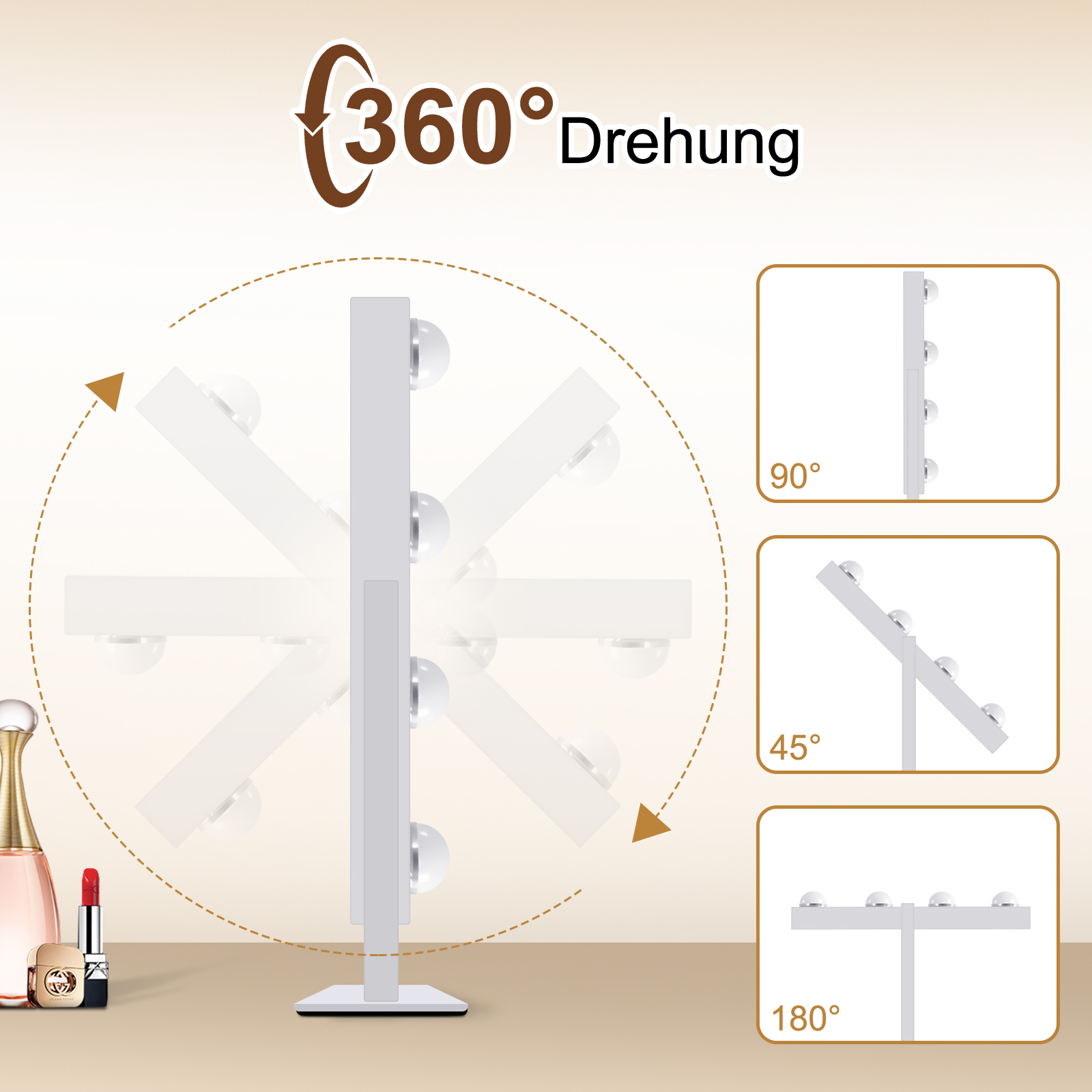 Białe lusterko do makijażu, które obraca się o 360 stopni, z diagramami kątowymi.