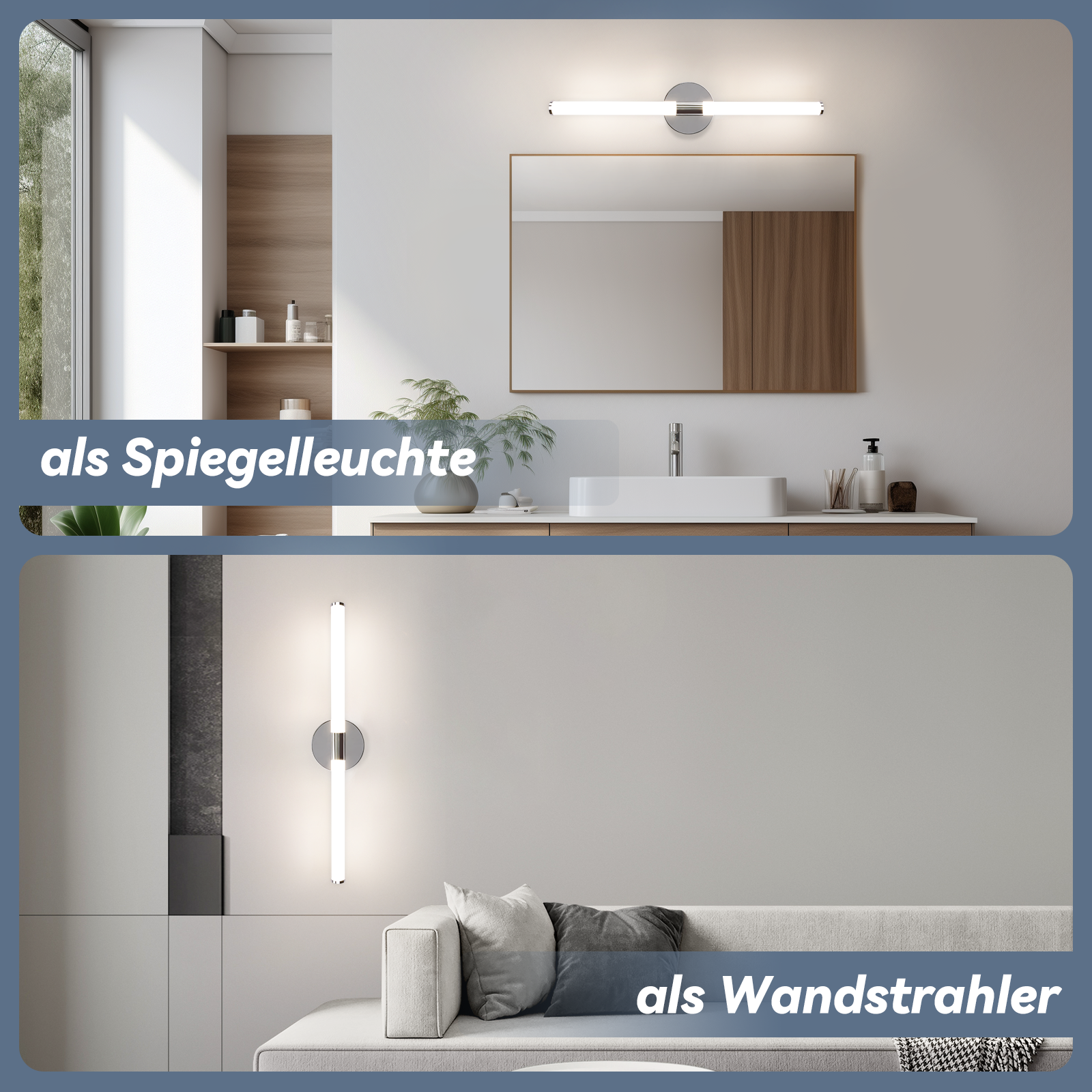 Geteiltes Bild, das einen Badezimmerspiegel mit Licht und ein Wohnzimmer mit einer Wandleuchte und einem Sofa zeigt.