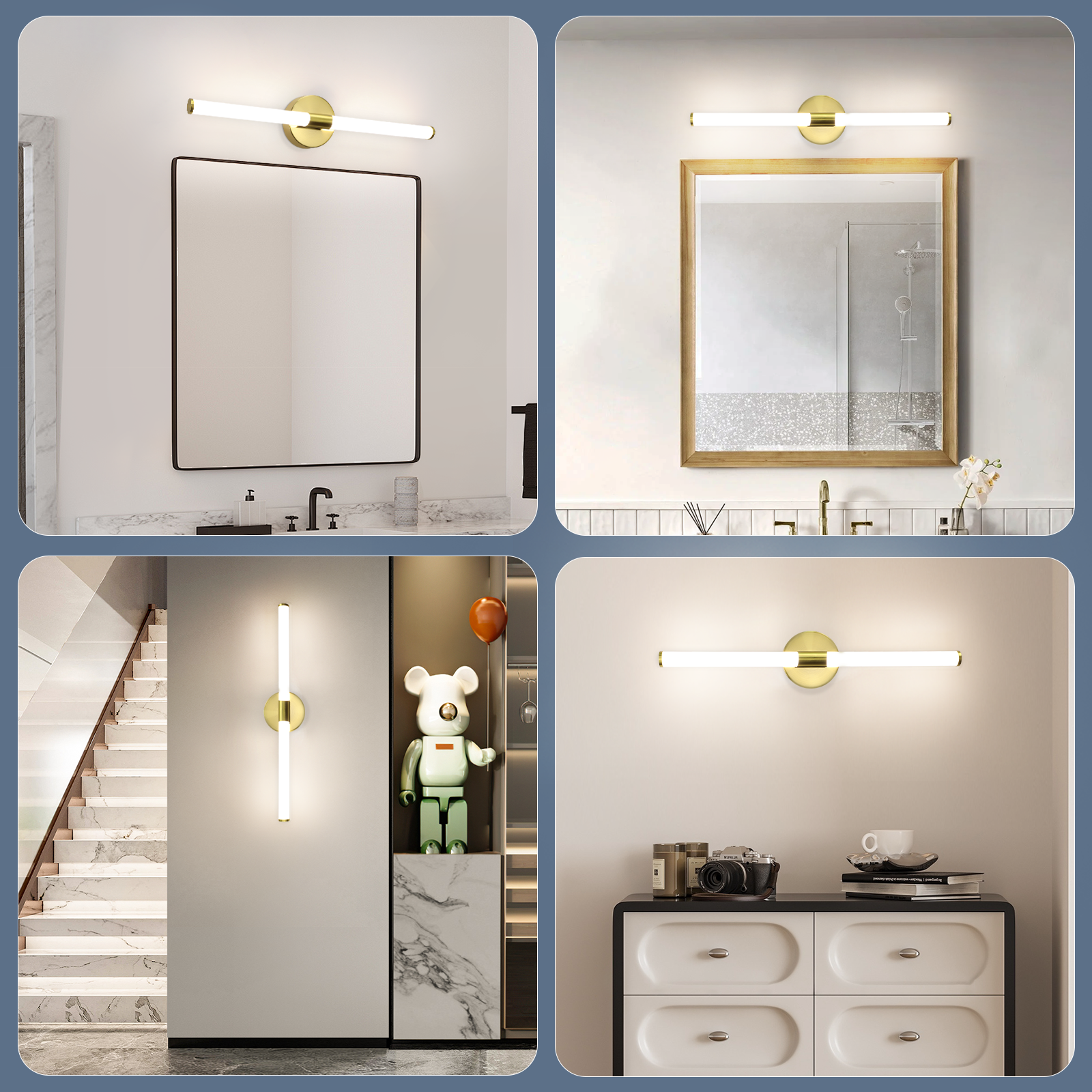 Collage de escenas de baño e interiores con una lámpara cilíndrica de color dorado montada sobre espejos y en paredes.